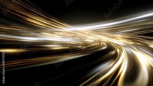 Dynamic, abstract swirl of luminous gold and silver streaks against a stark black backdrop