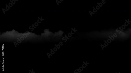 Animated white smoke cloud or mist moving horizontally on an isolated black background.