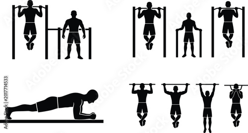 Schilderij op canvas Calisthenics workout silhouette icons featuring pull up, dip and plank exercises