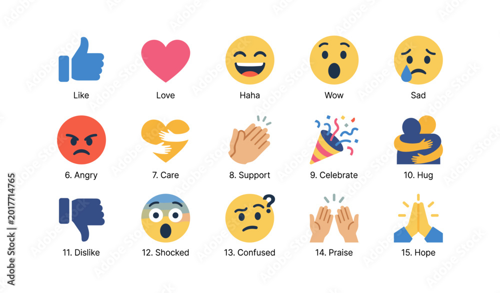 Fototapeta premium Emotion reaction icons and social emojis arranged on white background