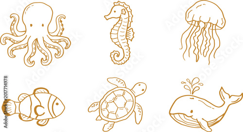 Konstfotografi Hand-drawn doodle set of golden sea creatures including an octopus, seahorse, je