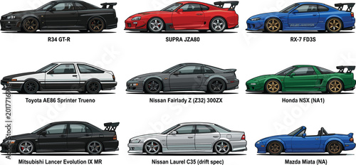 Obraz na plátně Japanese drift cars and JDM sports coupes vector collection isolated on white ba