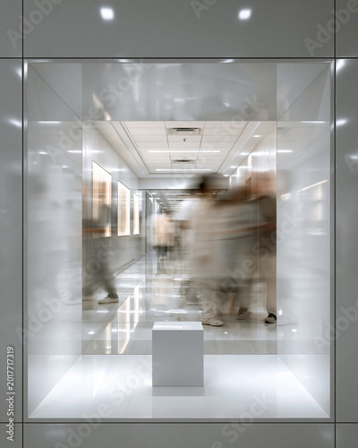 A clean white product display niche featuring a minimalist pedestal, with a blurred motion view of people walking through a high-tech modern laboratory or futuristic gallery.