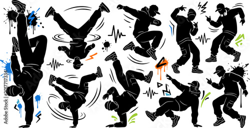Photos Hip hop street dance silhouette collection featuring breakdance freestyle urban movement and energetic performer poses isolated on white background