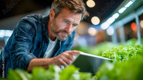 Farmer using tablet in greenhouse lettuce field, smart agriculture and crop monitoring concept
