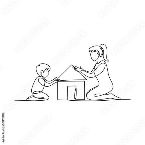 mother and child drawing continuous line art on white background