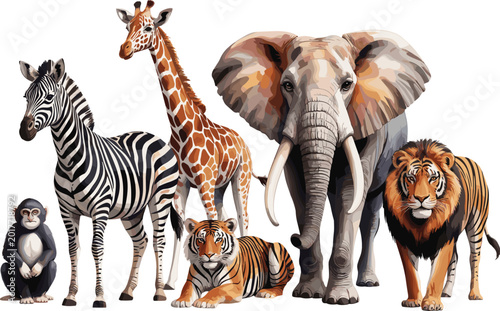 Photography Watercolor safari animals vector set with zebra giraffe elephant tiger monkey an
