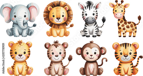 Photography Cute watercolor jungle animals vector collection with lion tiger elephant and ze