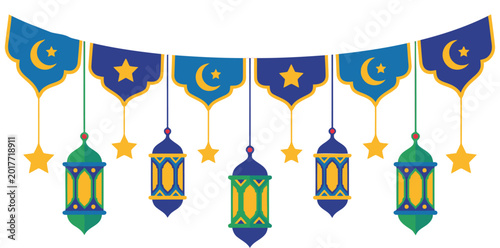 Tableau sur toile Vibrant banner lantern design celebrates Eid Joy! Colorful lanterns and stars adorn a bright red background