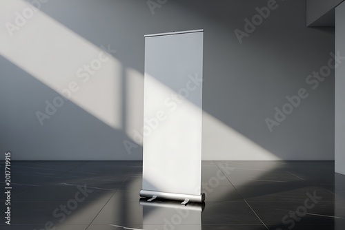 Empty roll up banner stand mockup in modern interior with dramatic lighting for advertising display