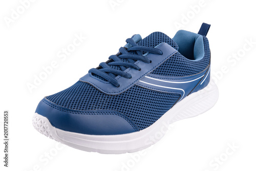 blue sneaker in three quarters on white background
