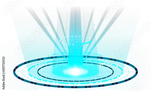 Futuristic holographic portal projecting light beams with technology grid in a bright environment