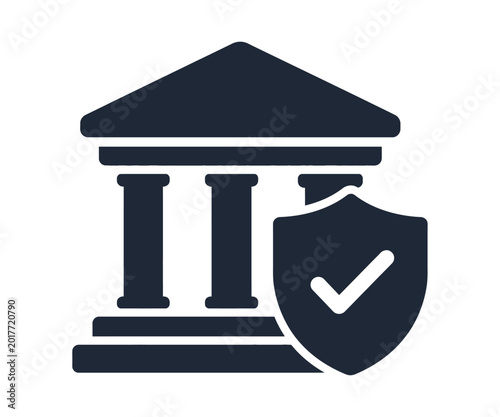 Bank building with shield and checkmark security icon