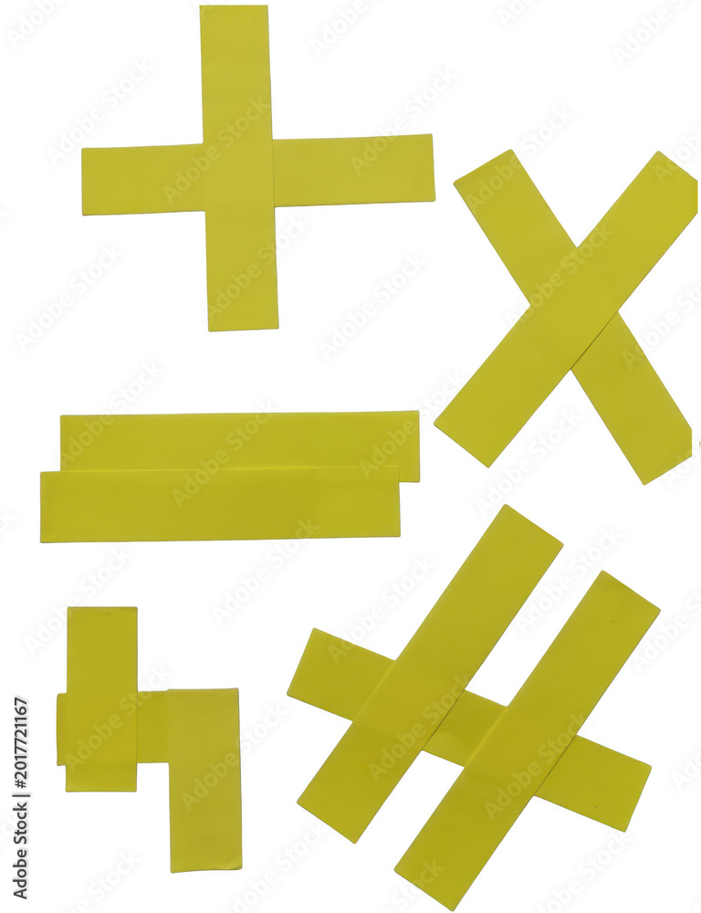 Obraz premium Yellow geometric symbols featuring plus, division, and multiplication signs isolated on white background png