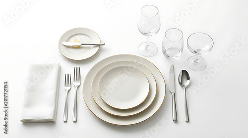 Formal table setting with white dinnerware and glassware