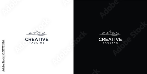 Schilderij op canvas Minimalist mountain landscape line art logo featuring abstract trees and dwellin