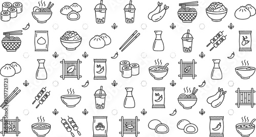 Fotografia Asian food doodle icon collection featuring ramen sushi dumplings bubble tea chopsticks and traditional cuisine elements isolated on white background