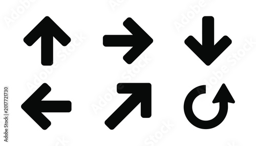 Simple black arrow icon set isolated on checkered background for user interface and navigation design.