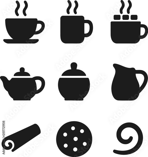 Photos Black and white coffee and tea set icons with steam Vector