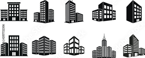 Set of ten different modern building vector icons in black and white style Vector