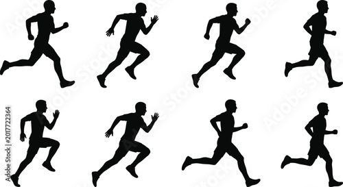 Fotografie Set of running man silhouettes in sequence showing sprinting, jogging, and stride phases, dynamic motion study isolated on white background, fitness and sport concept