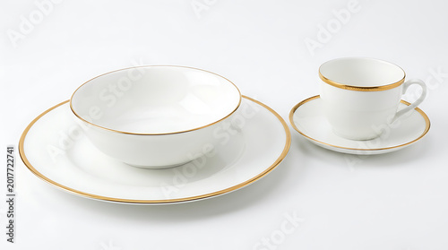 Elegant white porcelain tea cup and saucer set with gold trim