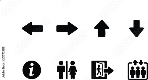 Set of simple black flat directional and restroom icons Vector