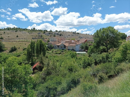 Panoramic view of Fuembellida village nestled in the mountains of Guadalajara, Spain.