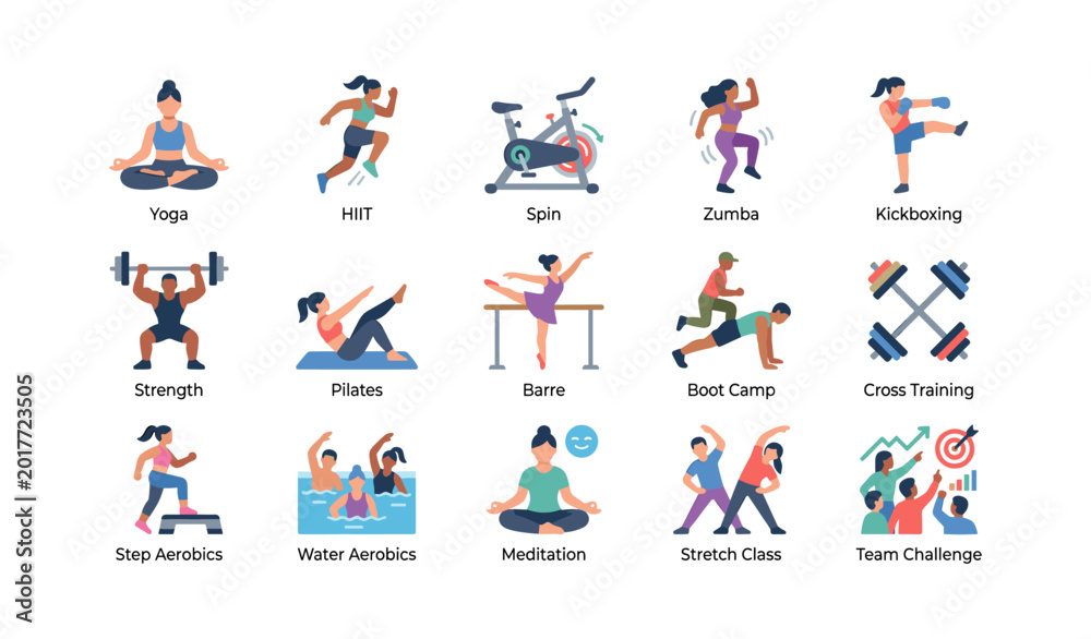 Fototapeta premium Fitness class icons showing various workout types on white background