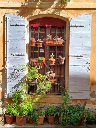 Old typical french village facade of a house with blue shutters and in front flowers and plants