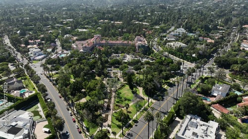 Beverly Hills Aerial Shot Sunset Blvd Intersection Orbit L