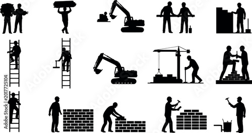 Photos Construction workers silhouette collection diverse labor tasks and heavy machine