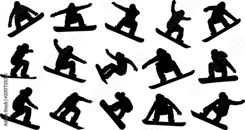 Bild auf Leinwand Snowboarding silhouettes collection dynamic poses for action sports graphics