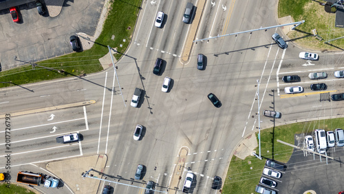 Fotografie Aerial view of a busy city road intersection for professional stock photograp