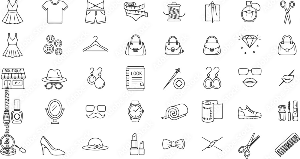 Fototapeta premium Comprehensive collection of fashion and beauty line icons featuring clothing accessories makeup sewing tools and luxury shopping elements for design vector illustration