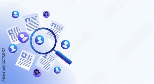 professional digital magnifying glass examining abstract digital icons representing data analysis security privacy and user profiles floating over modern documents with futuristic blue gradient