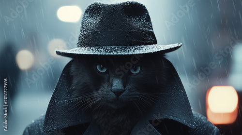 Black cat wearing hat stands in the rain in a city at night with blurred lights and people in the background