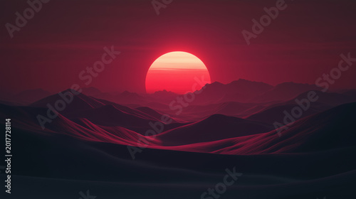 Sunset over mountain ranges captures the red hues in the sky and shadows on the ground during twilight hours