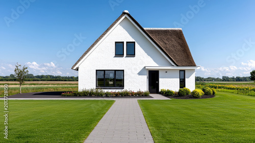 Detached house white house thatched roof rural house lawn garden field blue sky modern home exterior countryside cottage residence home building