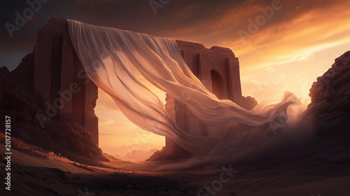 Sunset over ancient ruins with flowing fabric in the desert landscape, showcasing the contrast of colors and textures
