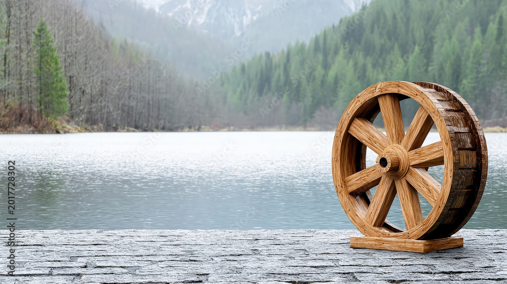 Fototapeta premium Wooden water wheel by lake, rustic landscape with forest and mountain reflection