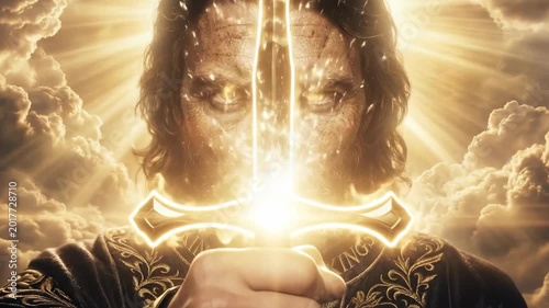 Jesus Christ as the king of kings holding a glowing sword. Divine light radiates from heaven with clouds background. Religious cinematic concept of faith and power.