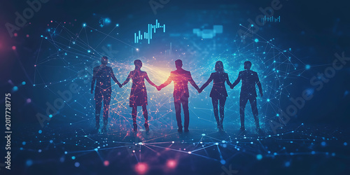 Silhouettes of business people holding hands in a digital network environment representing global connectivity, teamwork, and corporate strategy