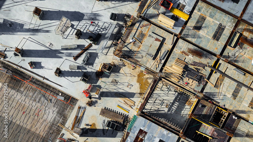 Konstfotografi Construction site from above showcasing ongoing groundwork, building foundations