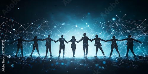Silhouettes of a group of people holding hands in a digital network environment representing global connectivity, teamwork, and corporate strategy