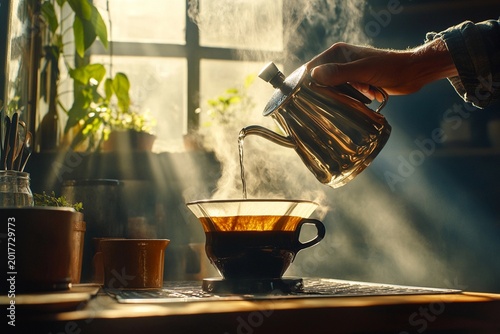 Manual coffee brewing with hot water pour over filter cone