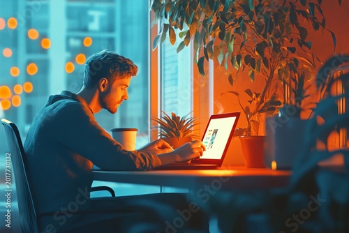 Person enjoying coffee while working at laptop