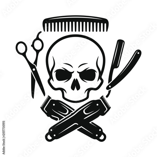 Quadro su tela Barber skull with comb scissors and clippers vector