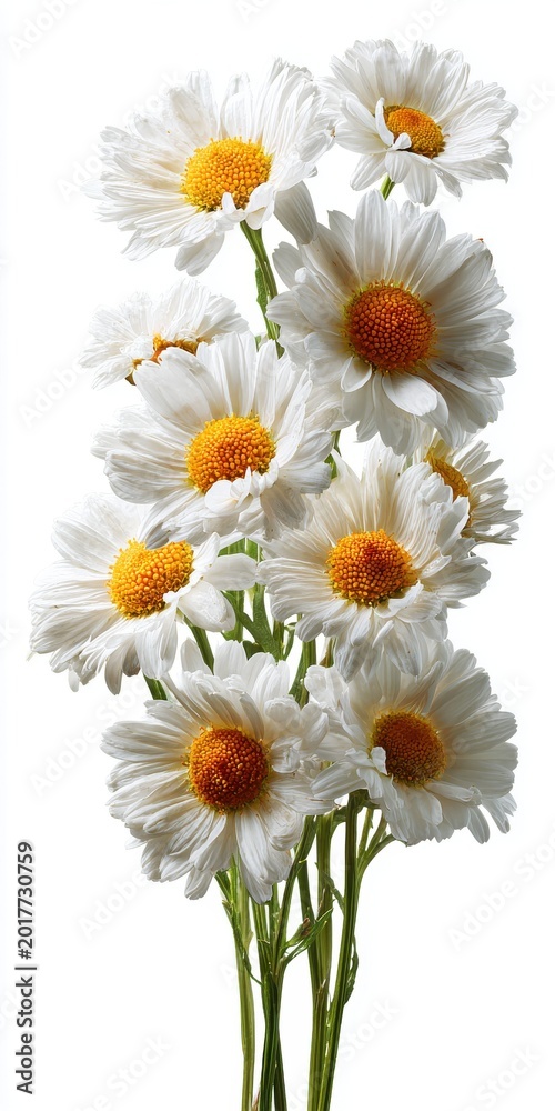 Fototapeta premium White Daisy Flowers with Yellow Centers on Green Stems Isolated on White