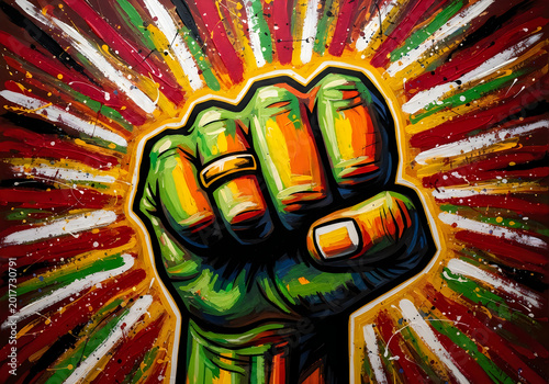A vibrant and powerful street art mural depicts a clenched fist symbolizing resistance strength and solidarity against oppression and injustice